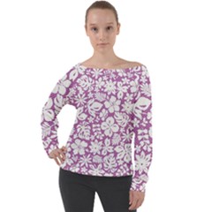 White Hawaiian Flowers On Purple Off Shoulder Long Sleeve Velour Top by AnkouArts