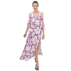 White Hawaiian Flowers On Purple Maxi Chiffon Cover Up Dress by AnkouArts