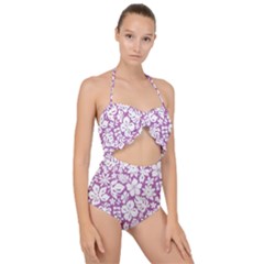 White Hawaiian Flowers On Purple Scallop Top Cut Out Swimsuit by AnkouArts