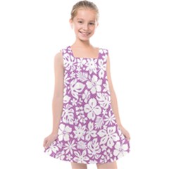 White Hawaiian Flowers On Purple Kids  Cross Back Dress by AnkouArts