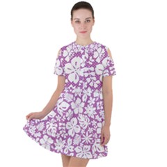 White Hawaiian Flowers On Purple Short Sleeve Shoulder Cut Out Dress  by AnkouArts