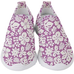 White Hawaiian Flowers On Purple Kids  Slip On Sneakers by AnkouArts