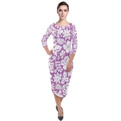 White Hawaiian Flowers On Purple Quarter Sleeve Midi Velour Bodycon Dress by AnkouArts