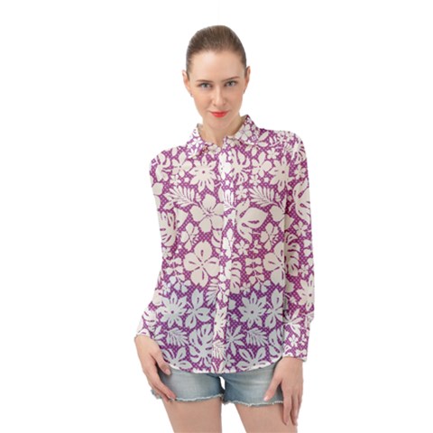 White Hawaiian Flowers On Purple Long Sleeve Chiffon Shirt by AnkouArts