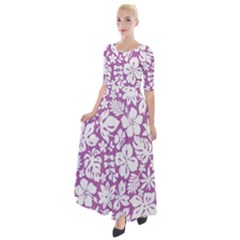 White Hawaiian Flowers On Purple Half Sleeves Maxi Dress by AnkouArts