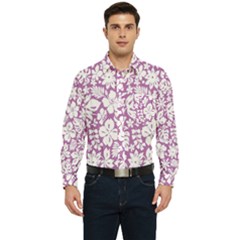 White Hawaiian Flowers On Purple Men s Long Sleeve Pocket Shirt 