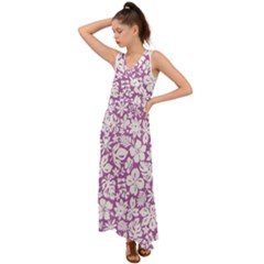 White Hawaiian Flowers On Purple V-neck Chiffon Maxi Dress by AnkouArts