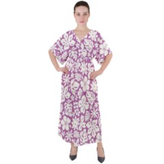 White Hawaiian Flowers On Purple V-neck Boho Style Maxi Dress by AnkouArts