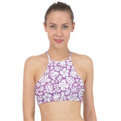 White Hawaiian Flowers On Purple Racer Front Bikini Top by AnkouArts