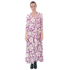 White Hawaiian Flowers On Purple Button Up Maxi Dress by AnkouArts