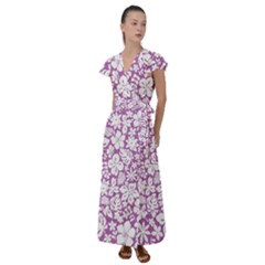 White Hawaiian Flowers On Purple Flutter Sleeve Maxi Dress by AnkouArts