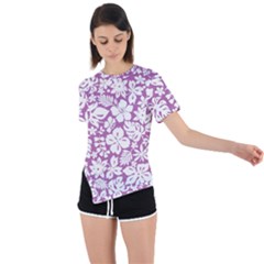 White Hawaiian Flowers On Purple Asymmetrical Short Sleeve Sports Tee by AnkouArts