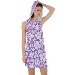 White Hawaiian Flowers On Purple Racer Back Hoodie Dress by AnkouArts