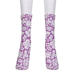 White Hawaiian Flowers On Purple Men s Crew Socks