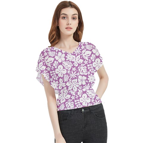 White Hawaiian Flowers On Purple Butterfly Chiffon Blouse by AnkouArts