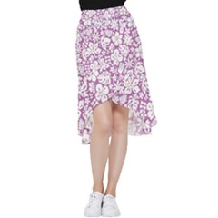 White Hawaiian Flowers On Purple Frill Hi Low Chiffon Skirt by AnkouArts