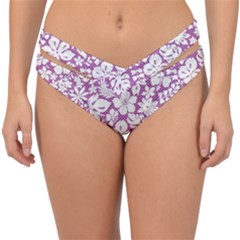 White Hawaiian Flowers On Purple Double Strap Halter Bikini Bottom by AnkouArts