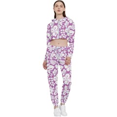 White Hawaiian Flowers On Purple Cropped Zip Up Lounge Set by AnkouArts