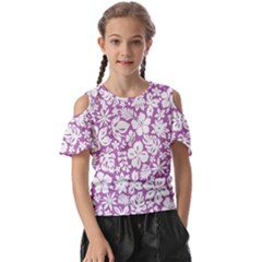 White Hawaiian Flowers On Purple Kids  Butterfly Cutout Tee by AnkouArts