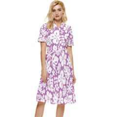 White Hawaiian Flowers On Purple Button Top Knee Length Dress by AnkouArts