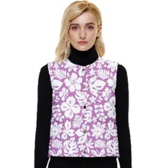 White Hawaiian Flowers On Purple Women s Short Button Up Puffer Vest