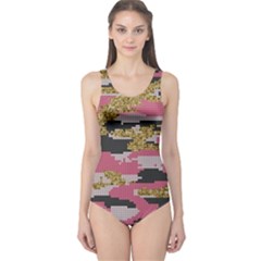 Abstract Glitter Gold, Black And Pink Camo One Piece Swimsuit by AnkouArts