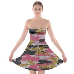 Abstract Glitter Gold, Black And Pink Camo Strapless Bra Top Dress by AnkouArts