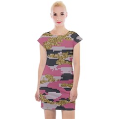 Abstract Glitter Gold, Black And Pink Camo Cap Sleeve Bodycon Dress by AnkouArts