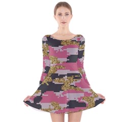 Abstract Glitter Gold, Black And Pink Camo Long Sleeve Velvet Skater Dress