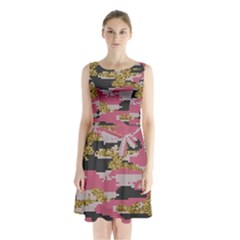 Abstract Glitter Gold, Black And Pink Camo Sleeveless Waist Tie Chiffon Dress by AnkouArts