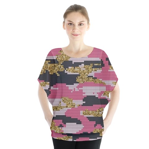 Abstract Glitter Gold, Black And Pink Camo Batwing Chiffon Blouse by AnkouArts