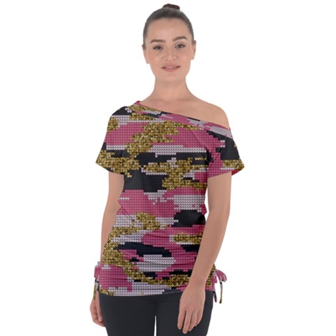 Abstract Glitter Gold, Black And Pink Camo Off Shoulder Tie-up Tee by AnkouArts