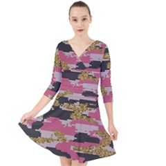 Abstract Glitter Gold, Black And Pink Camo Quarter Sleeve Front Wrap Dress