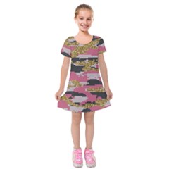 Abstract Glitter Gold, Black And Pink Camo Kids  Short Sleeve Velvet Dress