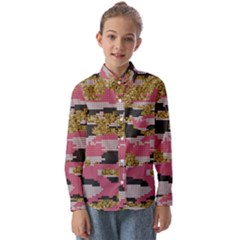 Abstract Glitter Gold, Black And Pink Camo Kids  Long Sleeve Shirt