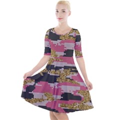 Abstract Glitter Gold, Black And Pink Camo Quarter Sleeve A-line Dress by AnkouArts