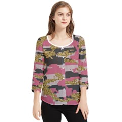 Abstract Glitter Gold, Black And Pink Camo Chiffon Quarter Sleeve Blouse by AnkouArts