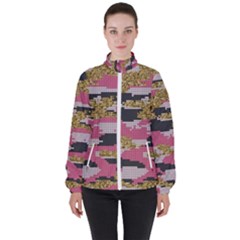 Abstract Glitter Gold, Black And Pink Camo Women s High Neck Windbreaker by AnkouArts