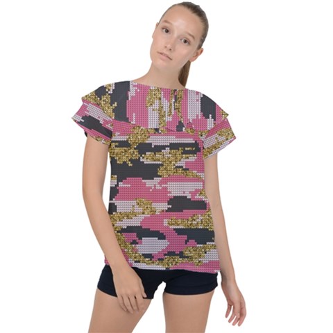 Abstract Glitter Gold, Black And Pink Camo Ruffle Collar Chiffon Blouse by AnkouArts