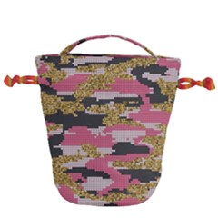 Abstract Glitter Gold, Black And Pink Camo Drawstring Bucket Bag by AnkouArts