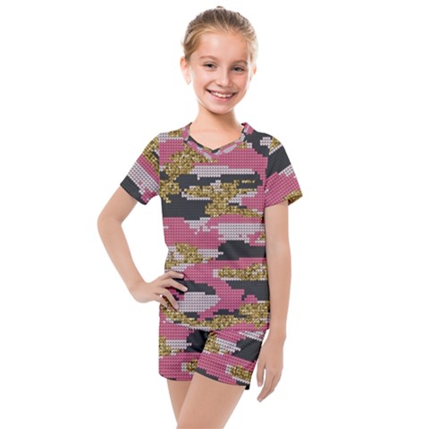 Abstract Glitter Gold, Black And Pink Camo Kids  Mesh Tee And Shorts Set by AnkouArts