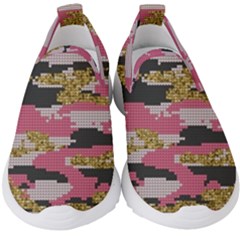 Abstract Glitter Gold, Black And Pink Camo Kids  Slip On Sneakers by AnkouArts