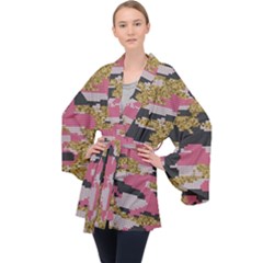 Abstract Glitter Gold, Black And Pink Camo Long Sleeve Velvet Kimono  by AnkouArts