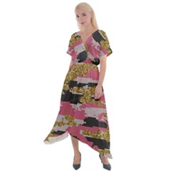 Abstract Glitter Gold, Black And Pink Camo Cross Front Sharkbite Hem Maxi Dress by AnkouArts