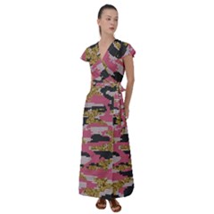 Abstract Glitter Gold, Black And Pink Camo Flutter Sleeve Maxi Dress by AnkouArts