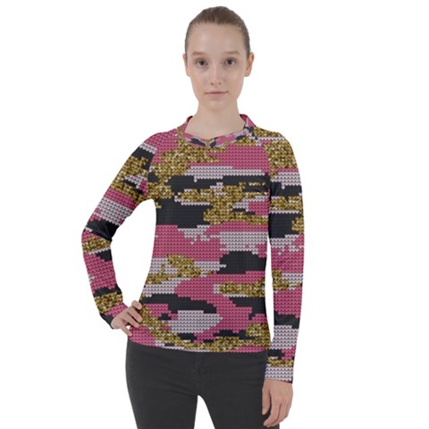 Abstract Glitter Gold, Black And Pink Camo Women s Pique Long Sleeve Tee by AnkouArts