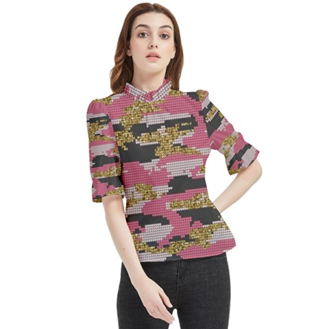 Abstract Glitter Gold, Black And Pink Camo Frill Neck Blouse by AnkouArts