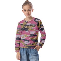 Abstract Glitter Gold, Black And Pink Camo Kids  Long Sleeve Tee With Frill 