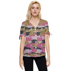 Abstract Glitter Gold, Black And Pink Camo Bow Sleeve Button Up Top by AnkouArts