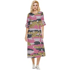 Abstract Glitter Gold, Black And Pink Camo Double Cuff Midi Dress